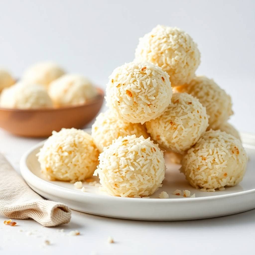Coconut macaroon balls coated in shredded coconut on white plate with wooden bowl background.
