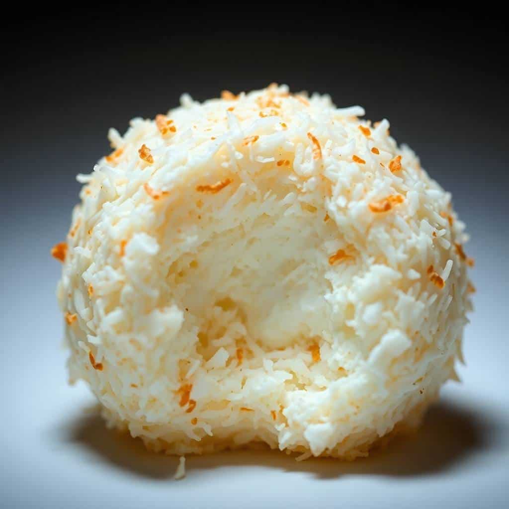 Coconut macaroon with toasted shredded coconut coating and caramel-colored flakes on white surface.