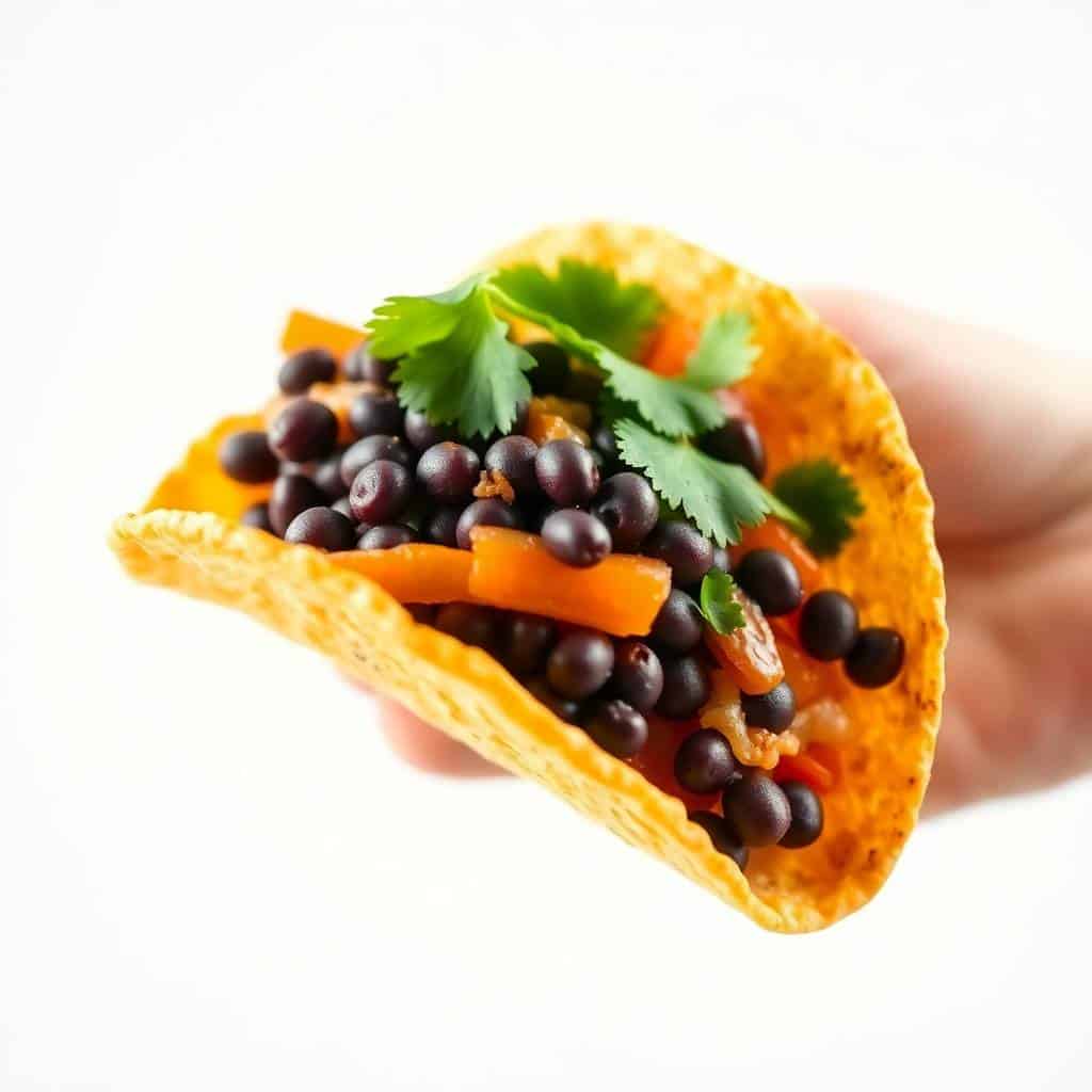 Crispy black bean taco with orange bell peppers and fresh cilantro garnish, held in hand.