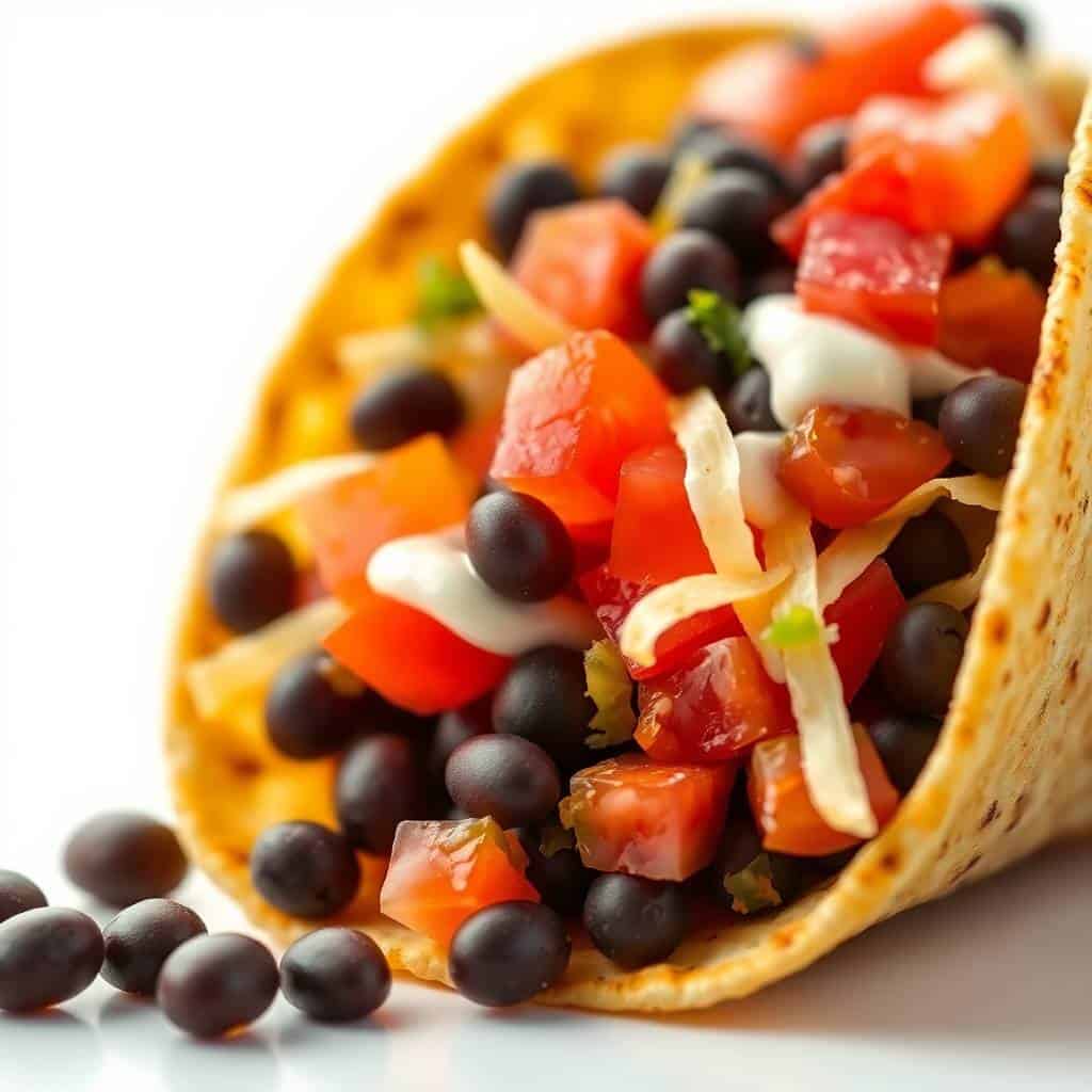 Crispy black bean tacos with red tomatoes, white crema, and cilantro garnish on golden tortillas.
