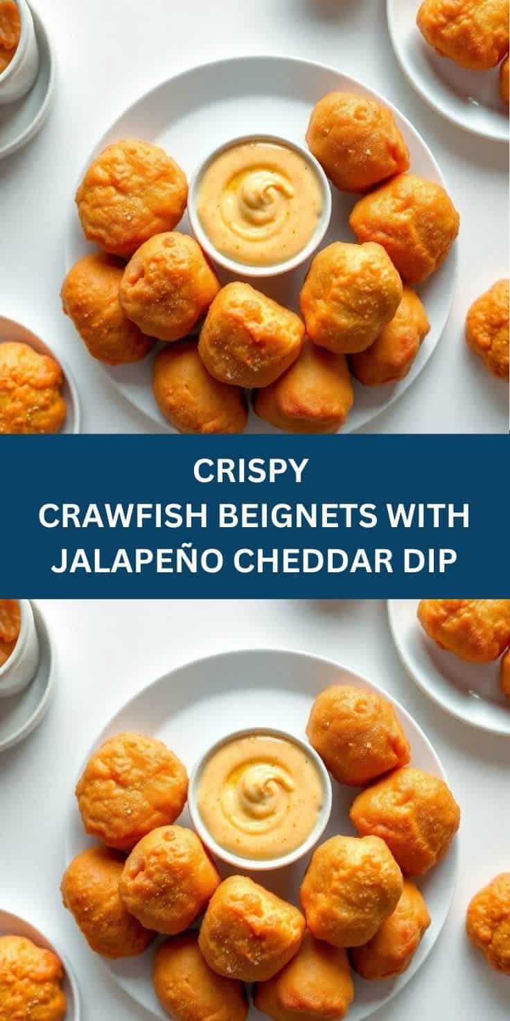 Crispy golden crawfish beignets arranged around jalapeño cheddar dip on white plate.