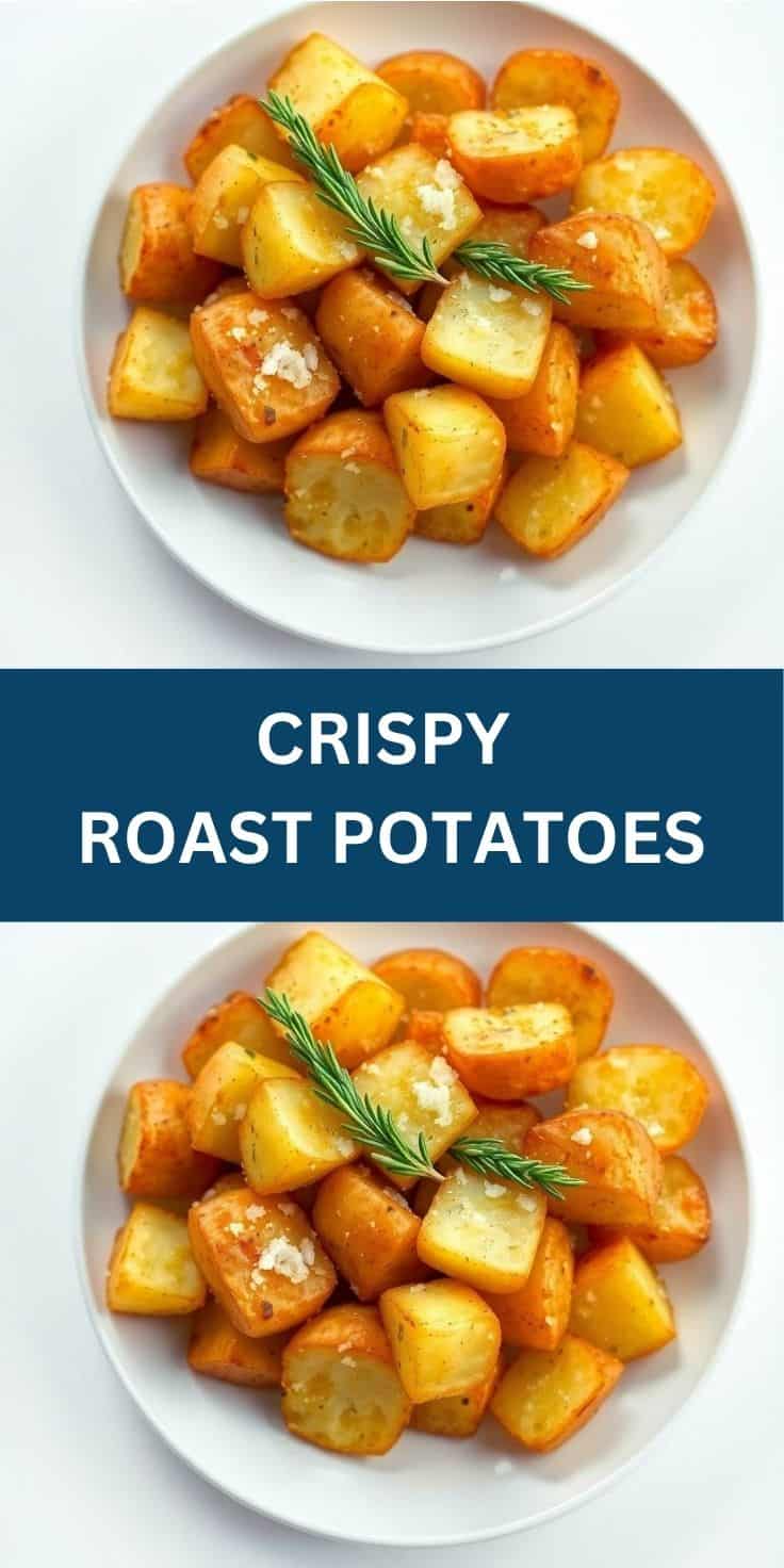 Golden crispy roast potatoes garnished with fresh rosemary on white plate.