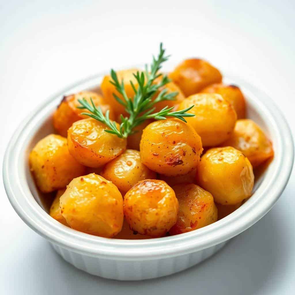 Crispy roast potatoes in white bowl garnished with fresh rosemary sprigs.