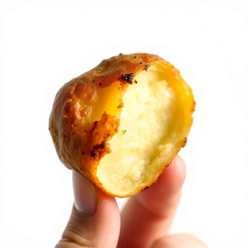 Hand holding a halved crispy roast potato with golden-brown exterior and creamy yellow interior.