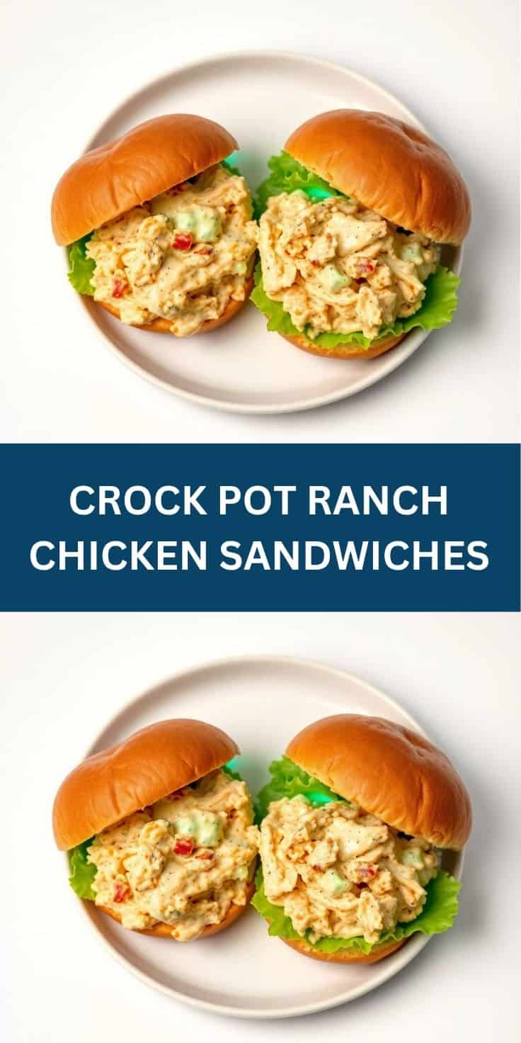 Two crock pot ranch chicken sandwiches on brioche buns with lettuce on a white plate.
