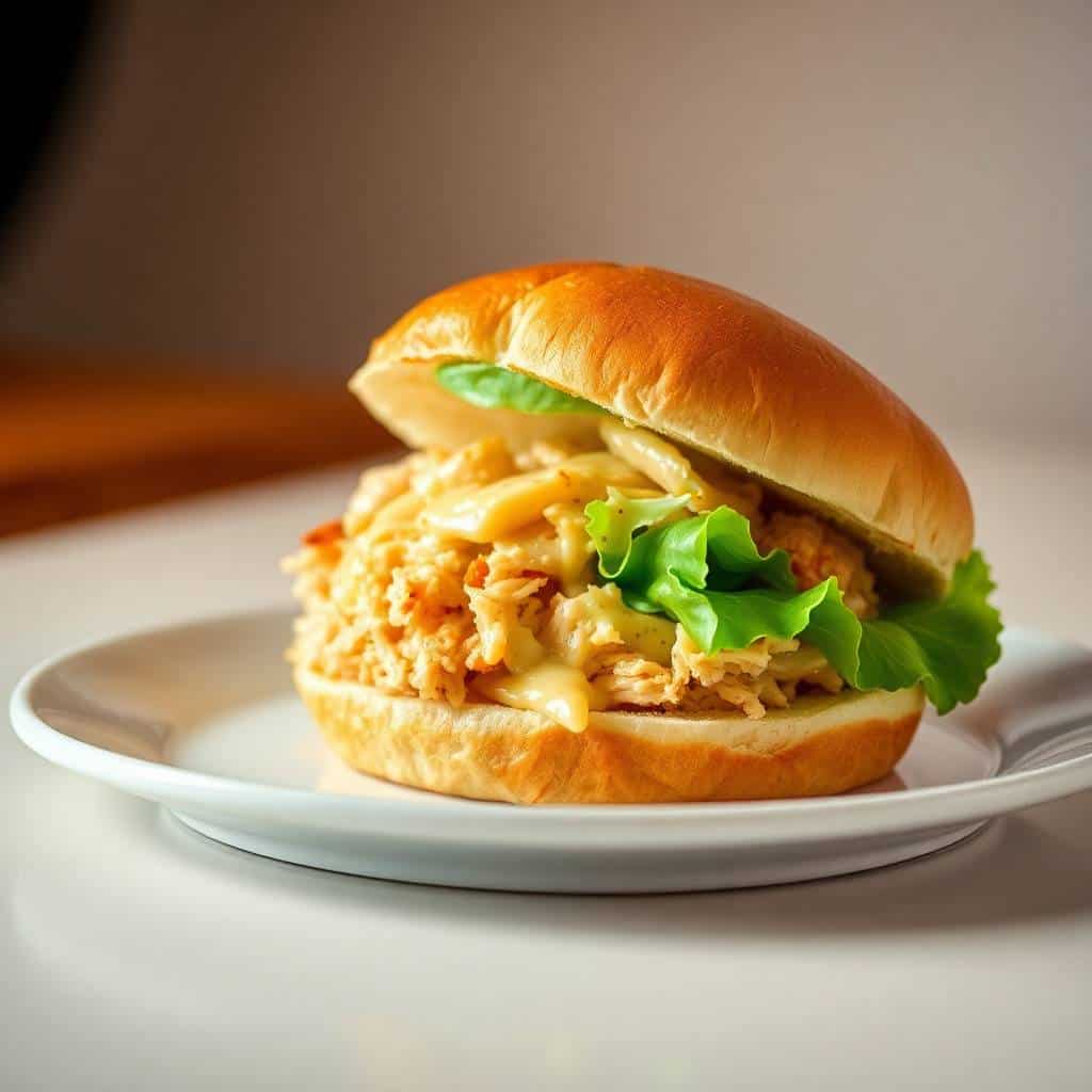 Crock pot ranch chicken sandwich on brioche bun with coleslaw and green garnish on white plate.