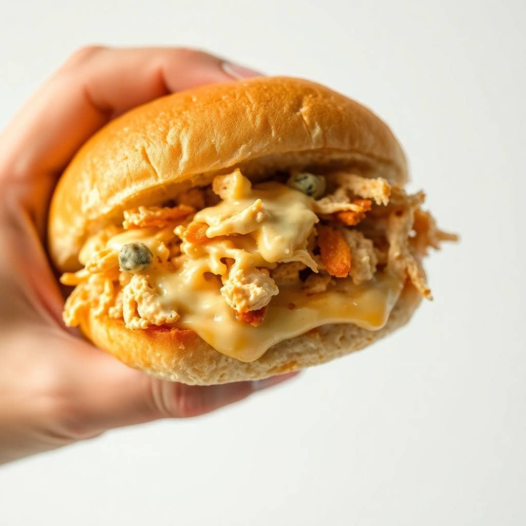 Hand holding a golden brioche bun filled with shredded ranch chicken, melted cheese, and caramelized onions.