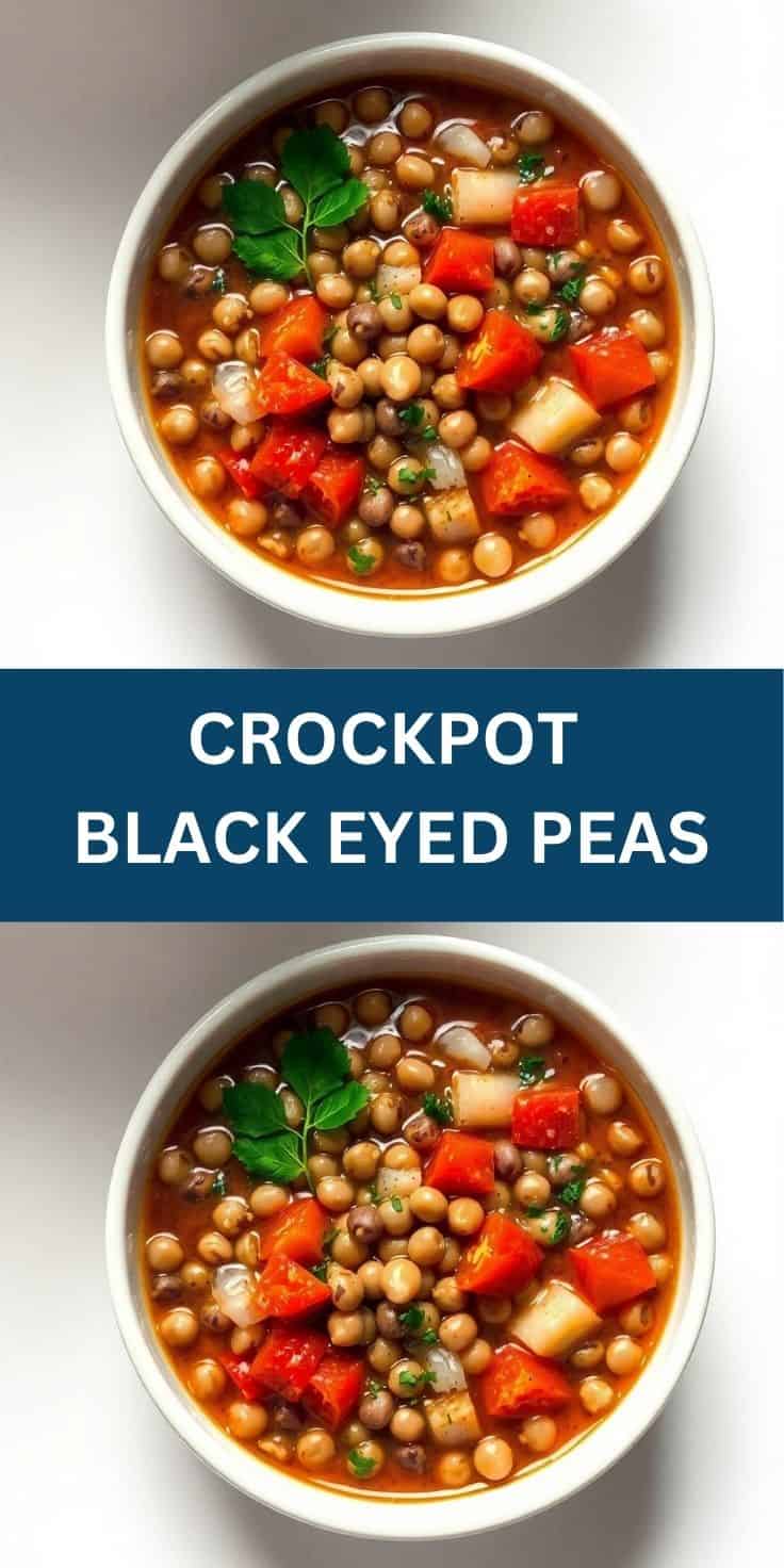 Two bowls of crockpot black eyed peas with red peppers, onions, and fresh herbs in broth.