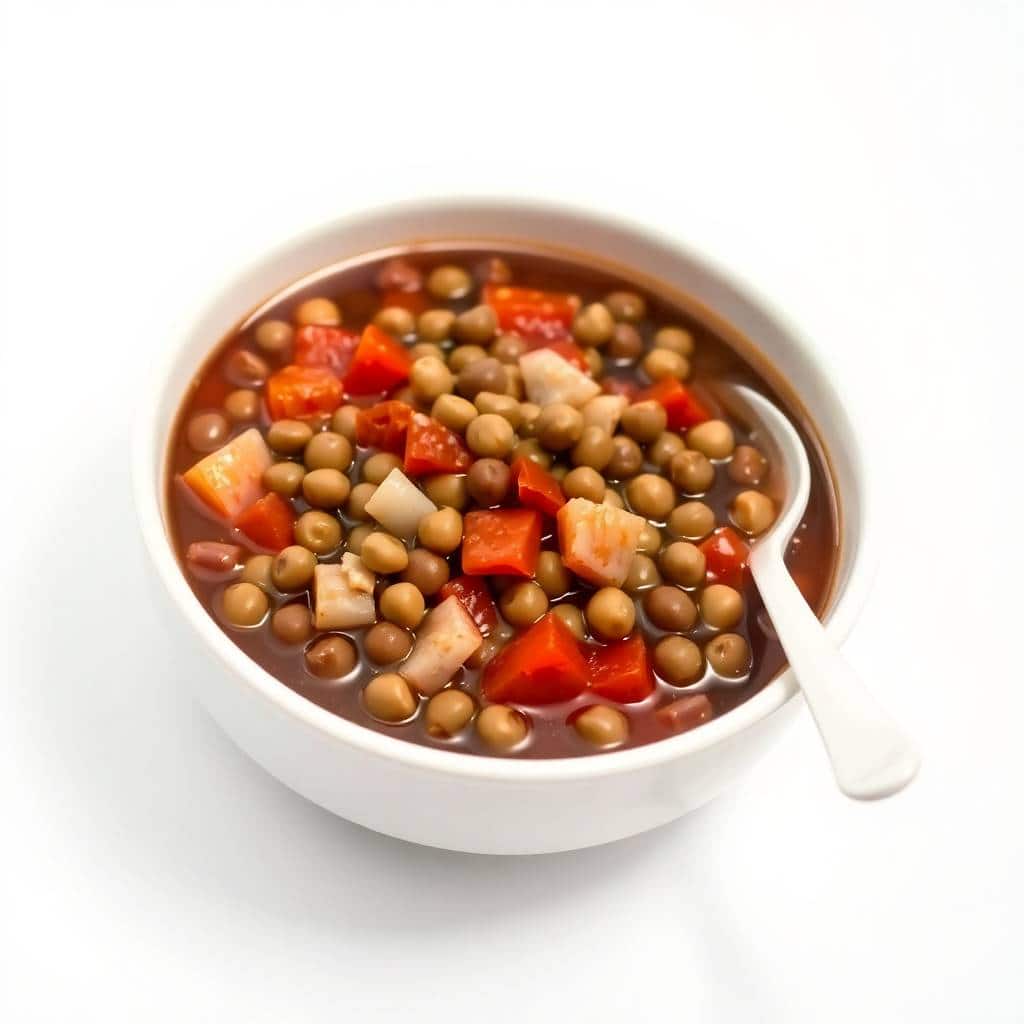 Crockpot chickpea stew with red peppers and diced vegetables in brown broth, served in white bowl.