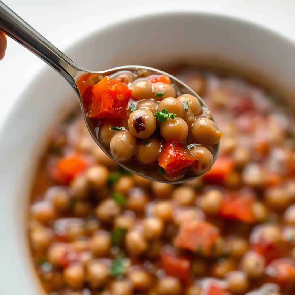 Spoonful of crockpot black eyed peas with chickpeas, red peppers, and fresh herbs over white bowl.