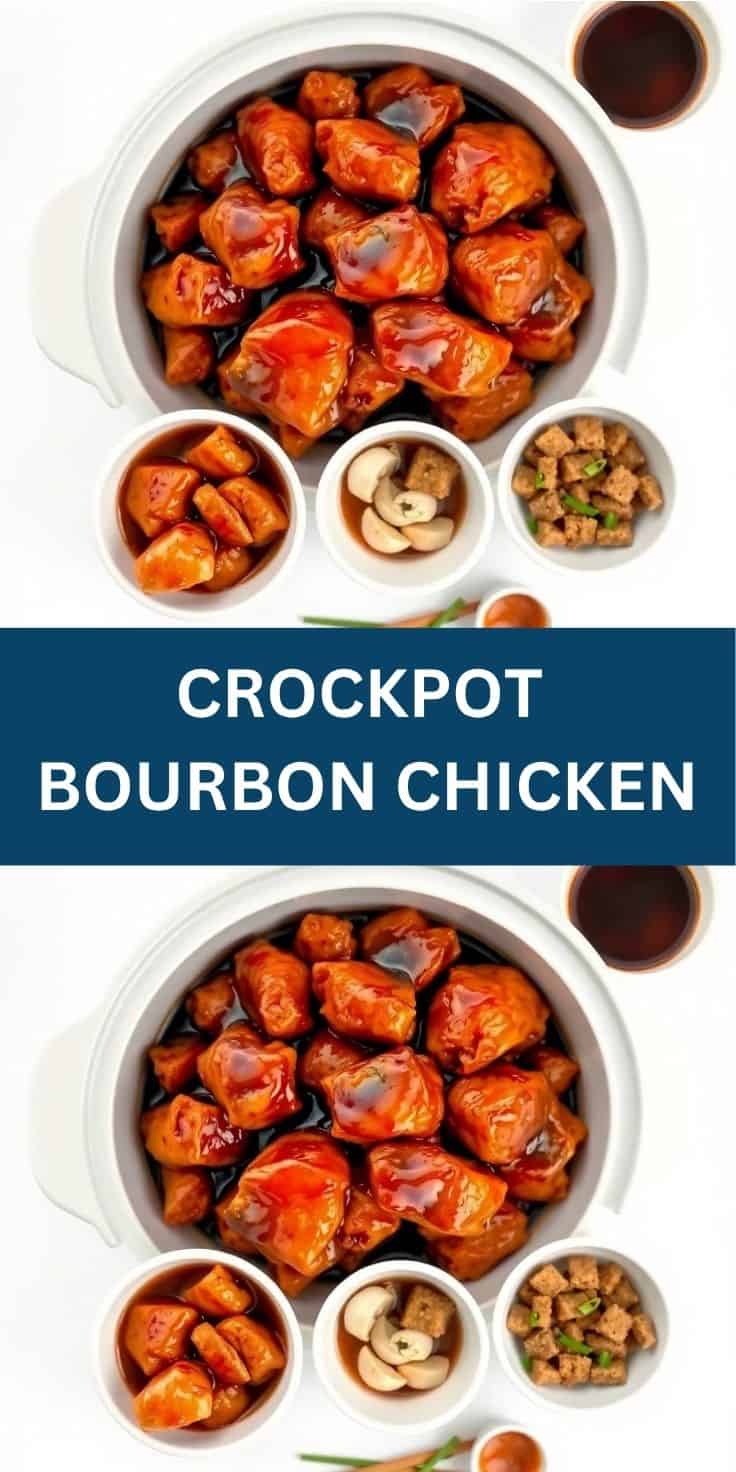 Crockpot bourbon chicken with glossy caramelized sauce in slow cooker, surrounded by ingredient bowls.