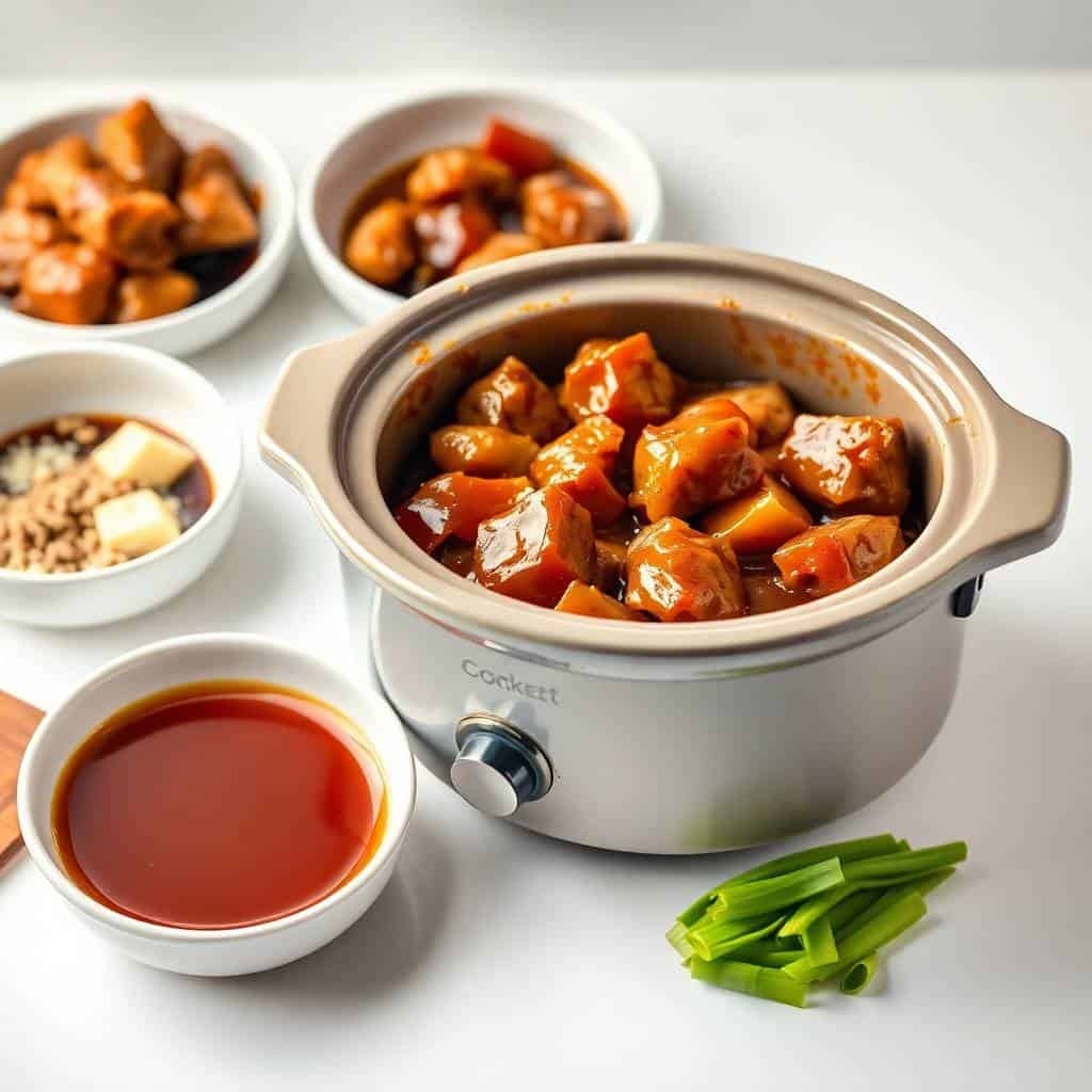 Crockpot bourbon chicken with caramelized sauce in white slow cooker surrounded by ingredients and green onion garnish.