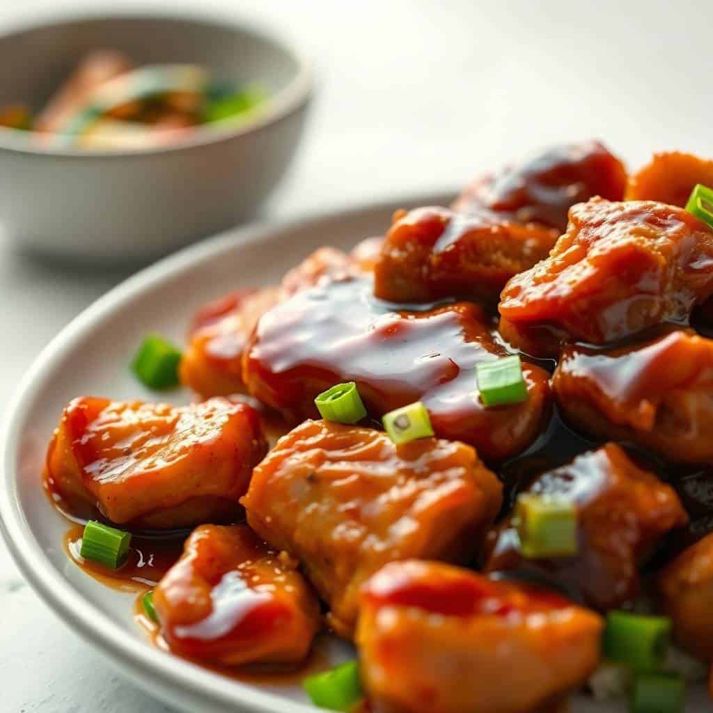 Glazed bourbon chicken pieces with green onion garnish served on white plate with dipping sauce.