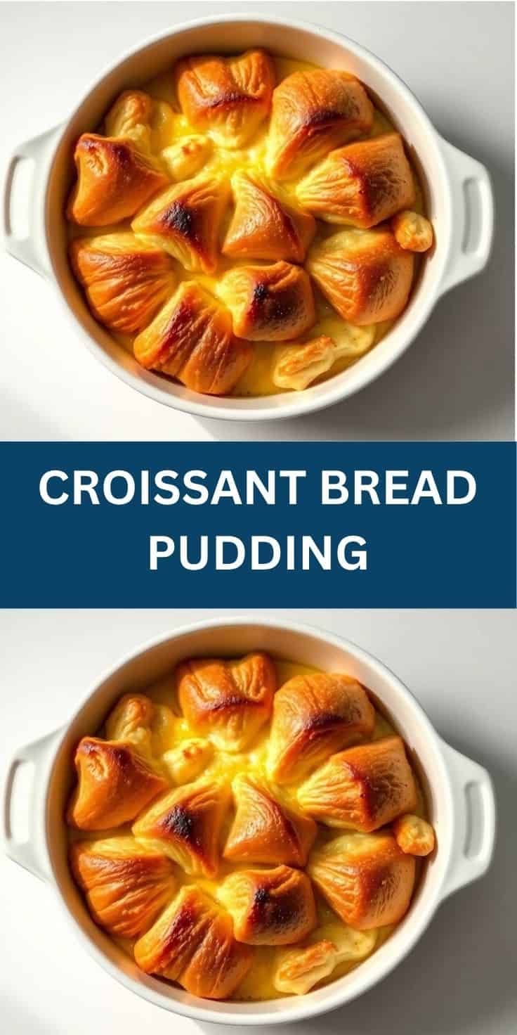 Golden-baked croissant bread pudding in white ceramic dish with caramelized custard.