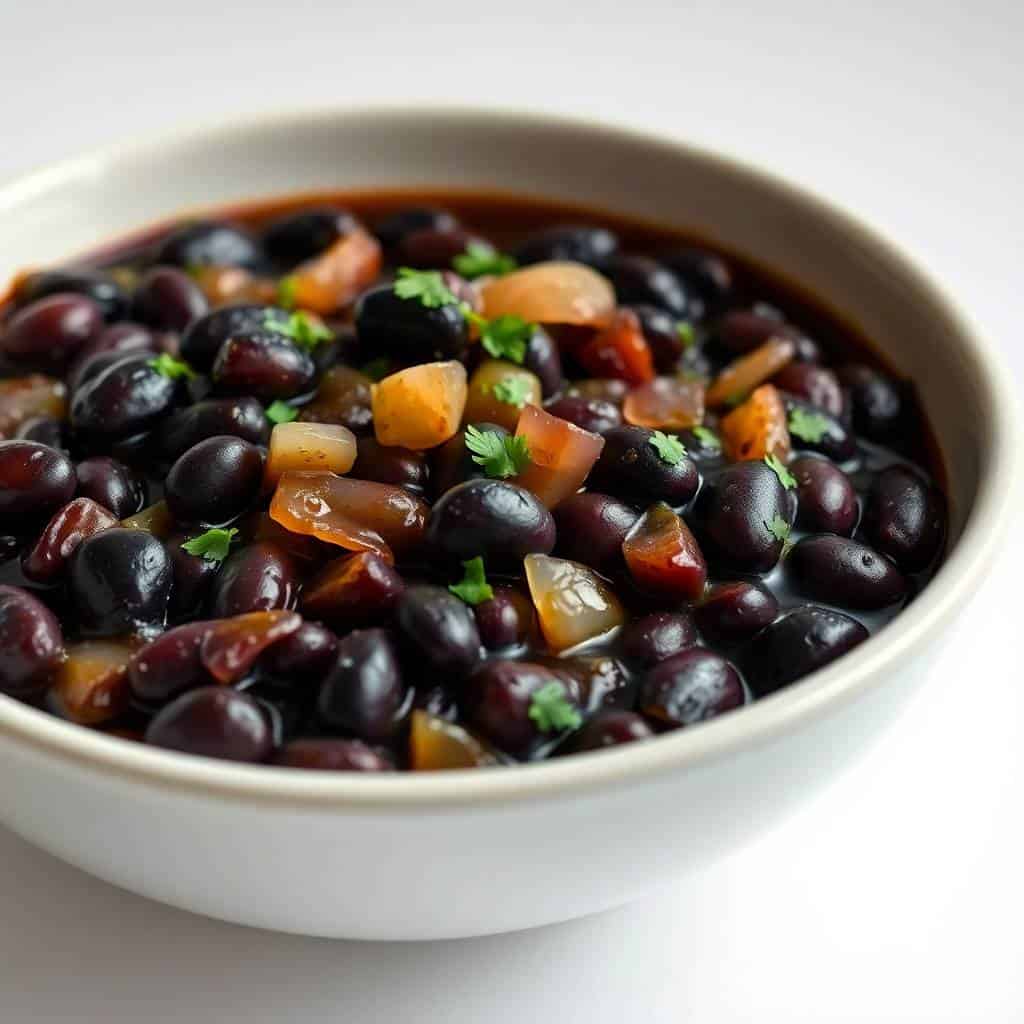 Cuban black beans in white bowl, garnished with diced red peppers and fresh cilantro.