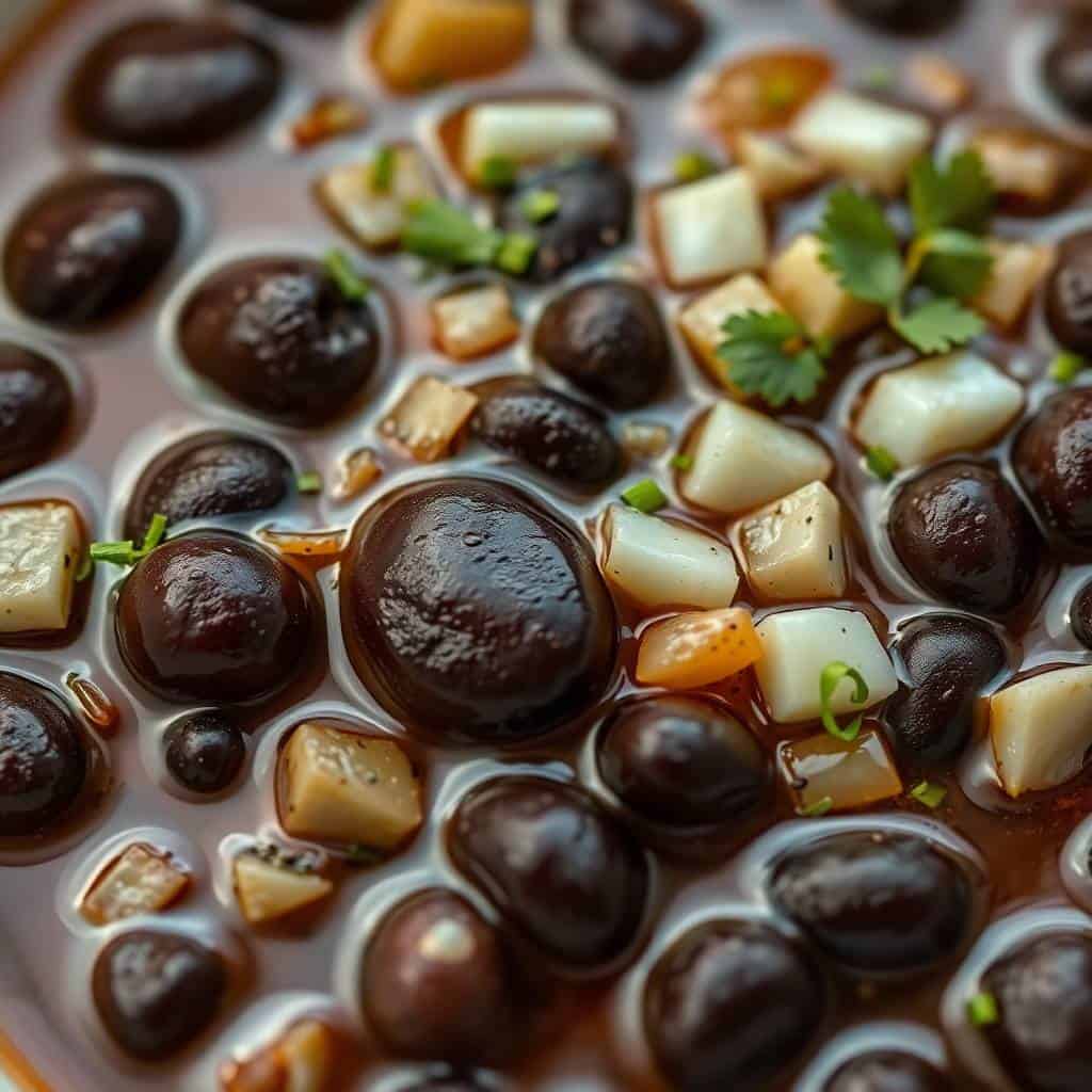 Cuban black beans in broth with diced onions, cilantro garnish, and spices in a pot.