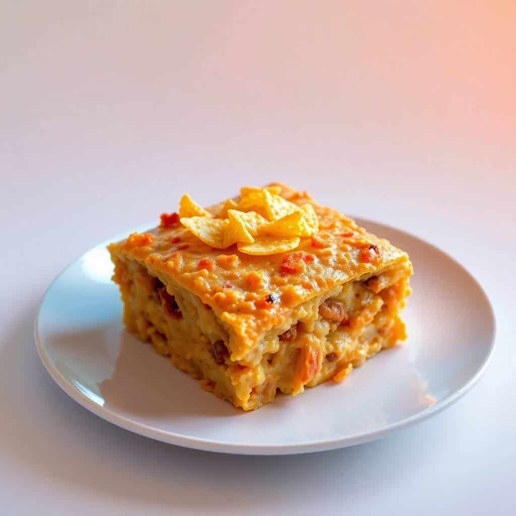 Golden-baked Doritos chicken casserole square on white plate with crispy topping garnish.
