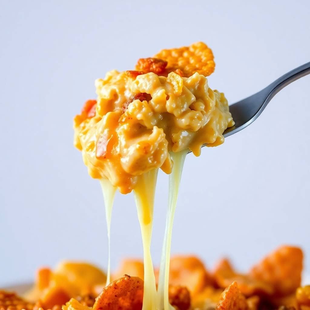 Doritos chicken casserole on fork showing melted cheese and crispy orange coating against blurred background.
