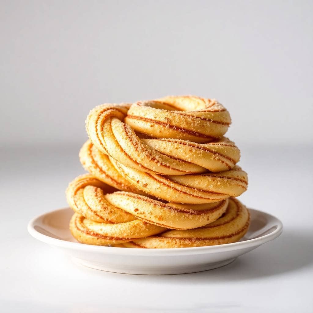 Stack of golden cinnamon sugar-coated dough twists on a white ceramic plate against a light background.