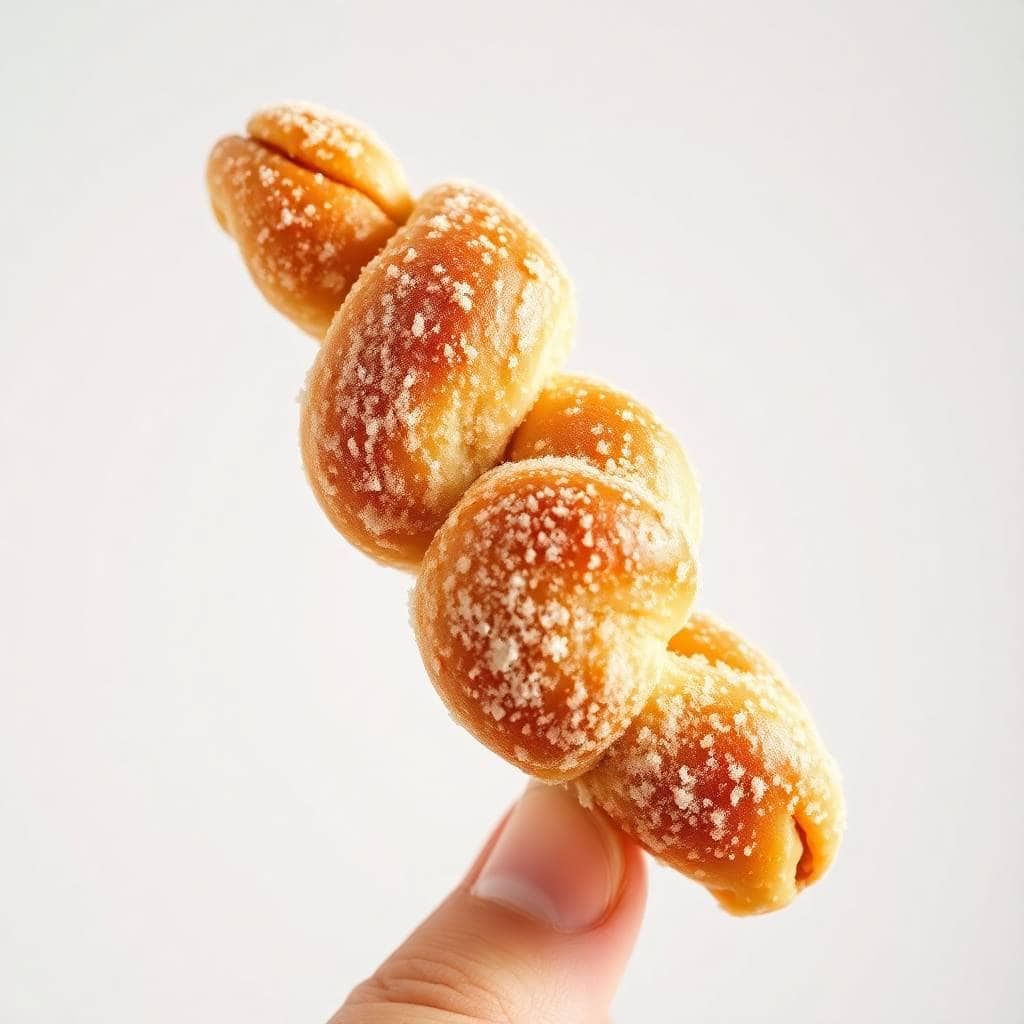 Hand holding stack of golden cinnamon sugar-coated dough twists against white background.