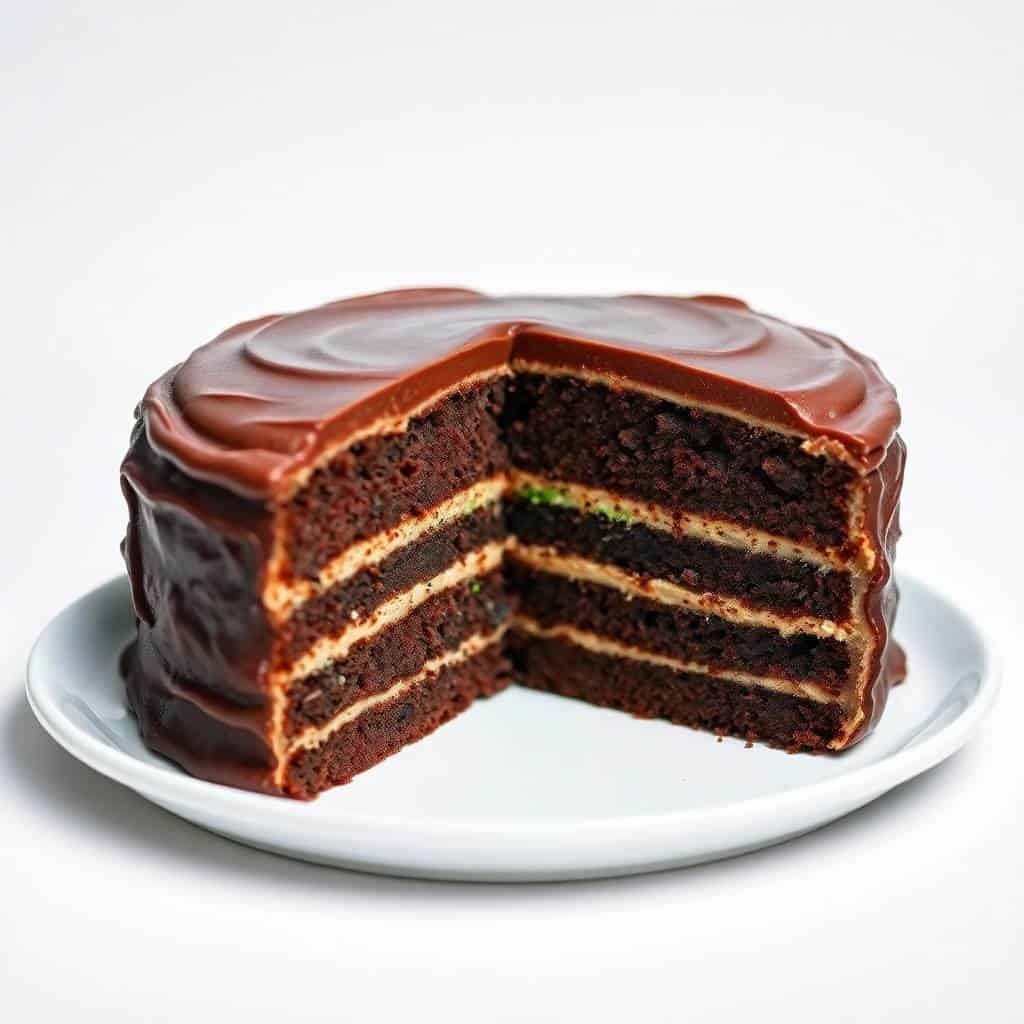 Layered chocolate cake with chocolate frosting on white plate, slice removed to reveal interior.