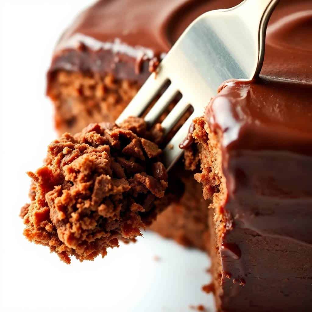 Fork lifting a fudgy slice of Dr Pepper cake with chocolate frosting and crumb texture.