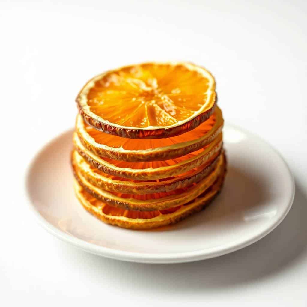 Stacked dried orange slices arranged on a white plate with golden-brown translucent edges.
