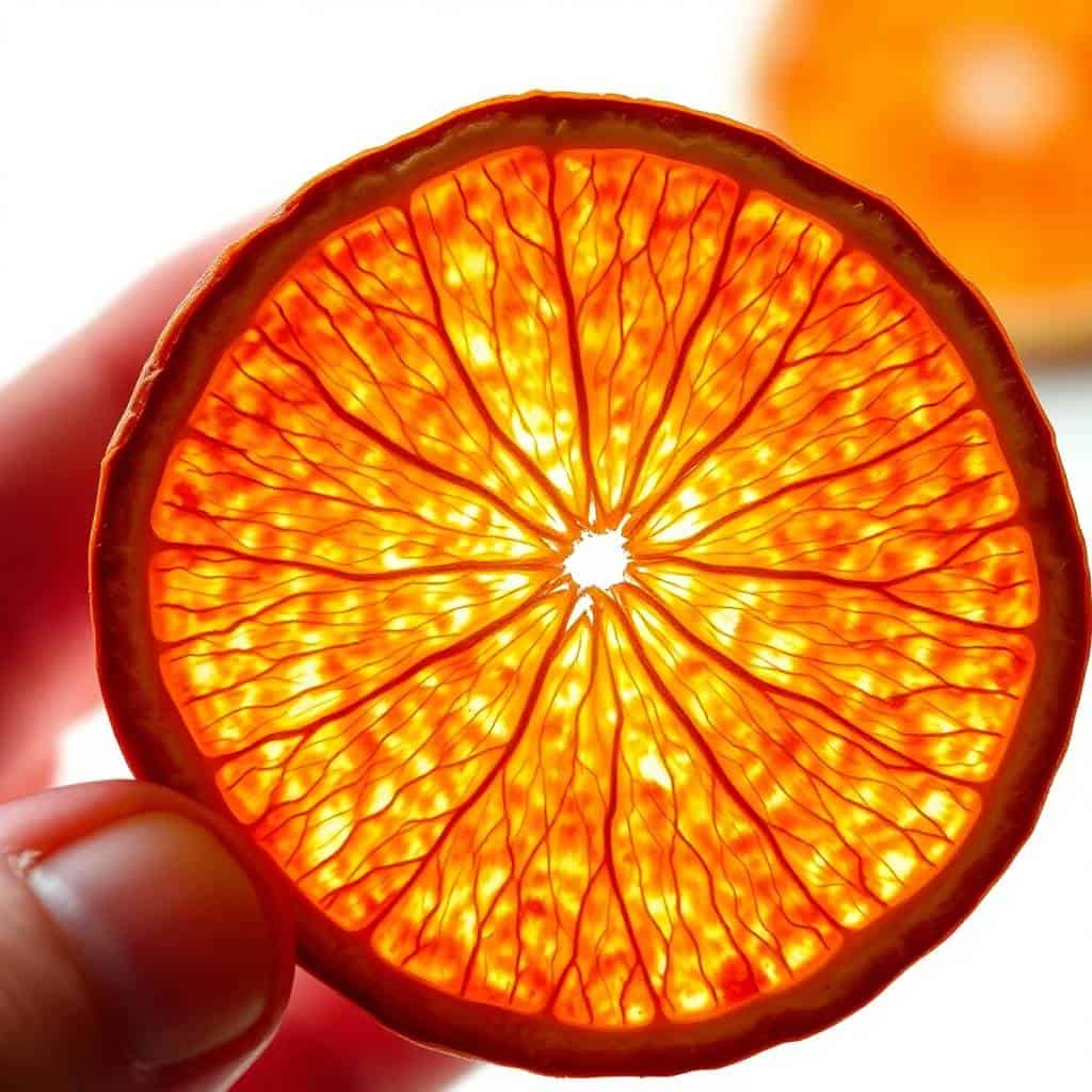 Backlit dried orange slice showing translucent flesh with intricate radial segments and vibrant orange-yellow hues.