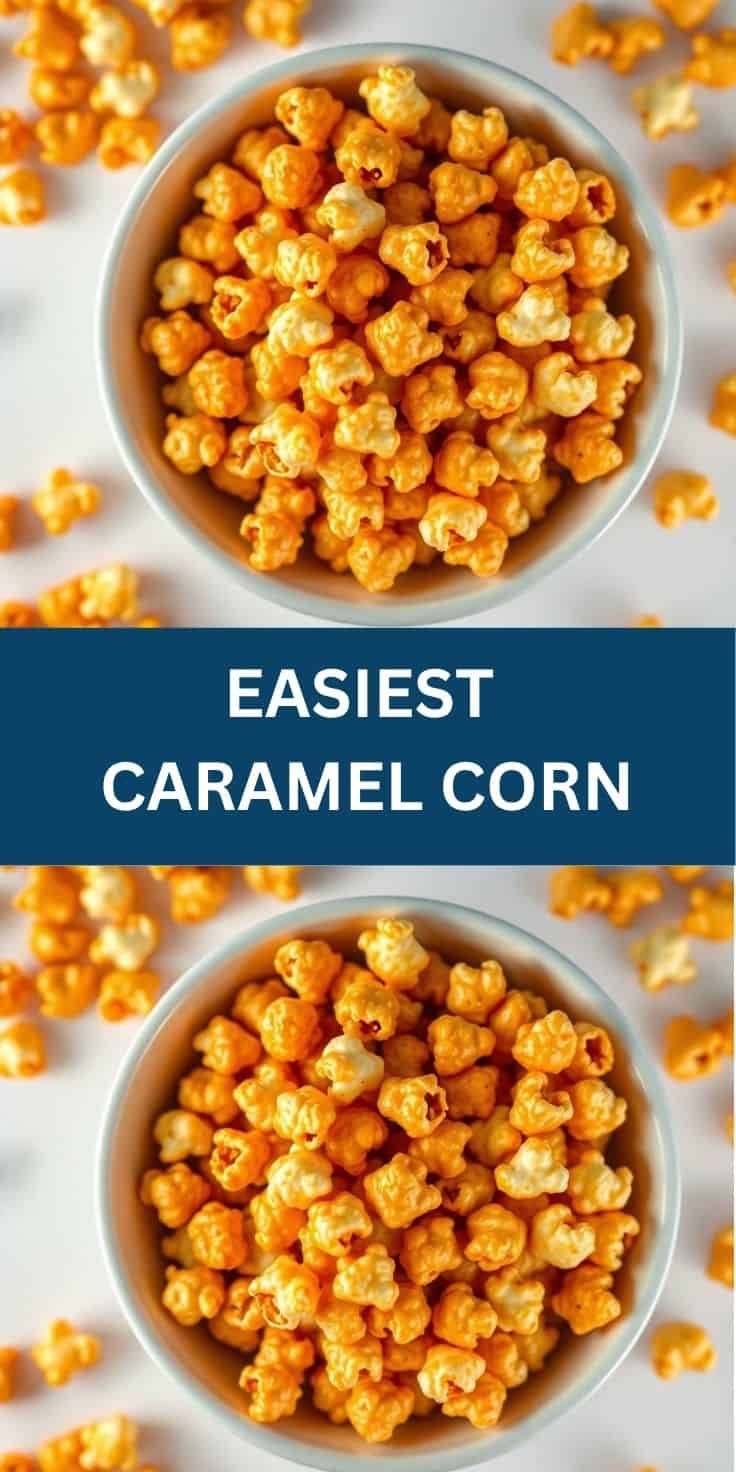 Golden caramel corn in white bowls with scattered pieces on white surface.