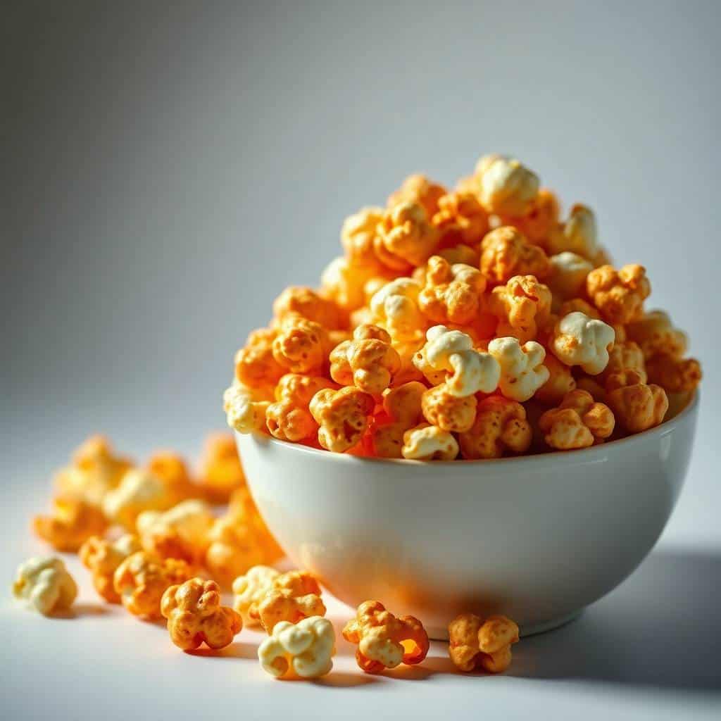 Caramel corn with orange and white kernels overflowing from white bowl on gray surface.