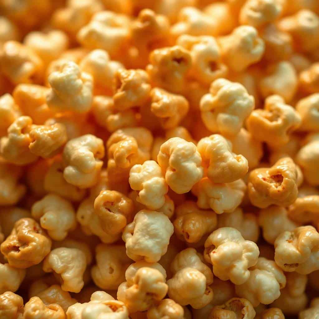 Freshly popped caramel corn with golden-brown and white kernels scattered together.