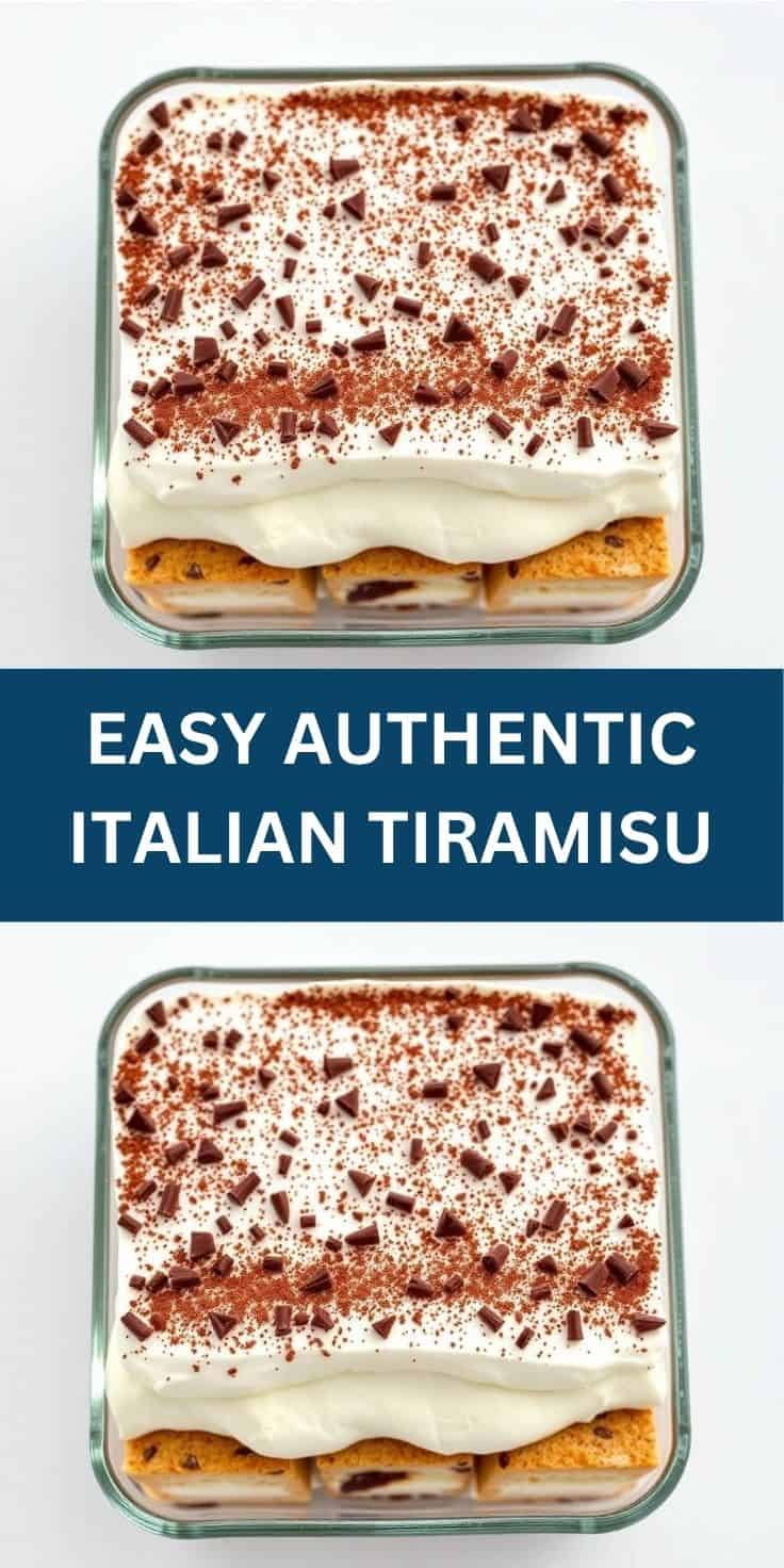 Tiramisu layered in glass dish with cocoa powder and chocolate shavings on creamy top.