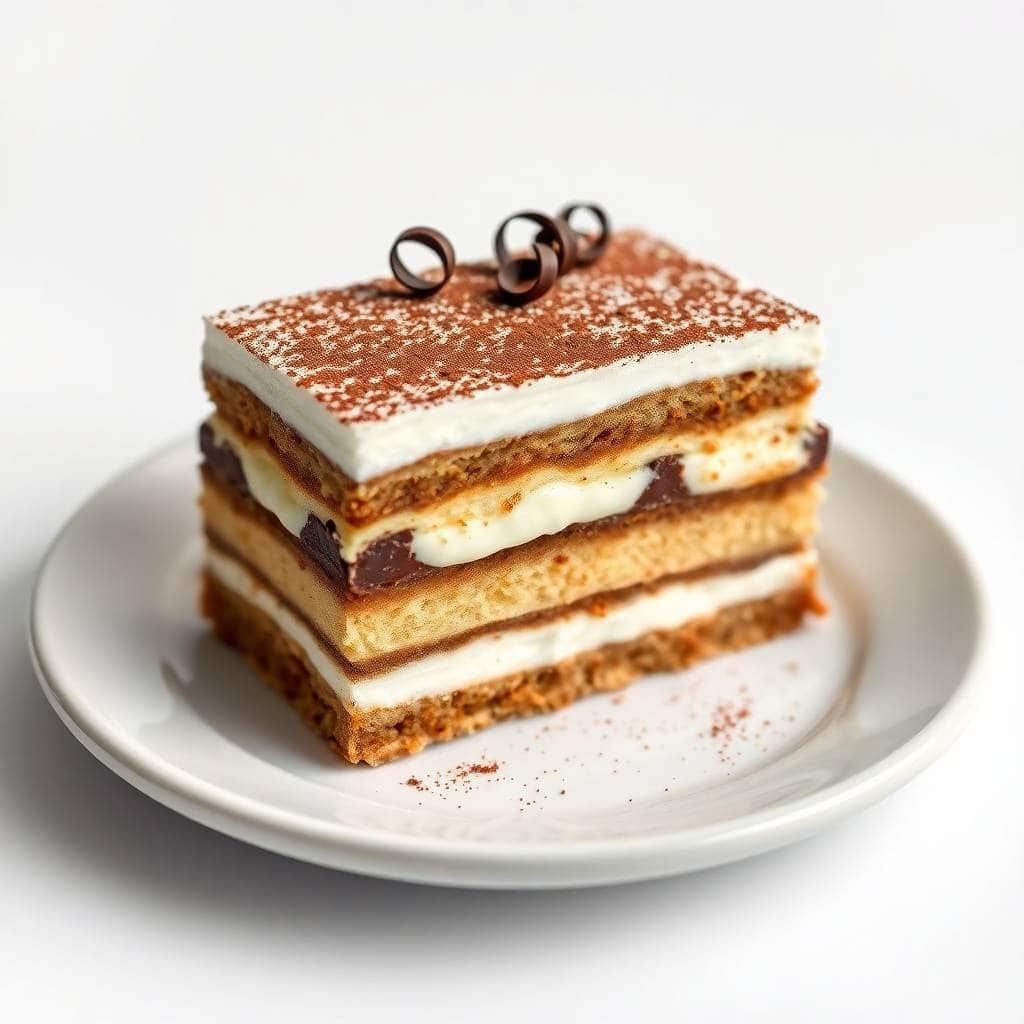 Layered tiramisu slice on white plate with cocoa powder dusting and chocolate curl garnish.