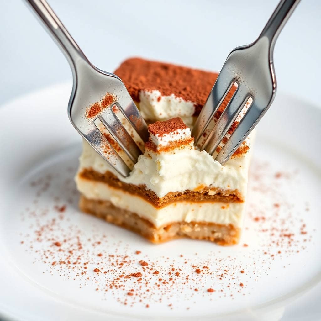Two forks cutting into layered tiramisu dusted with cocoa powder on white plate.