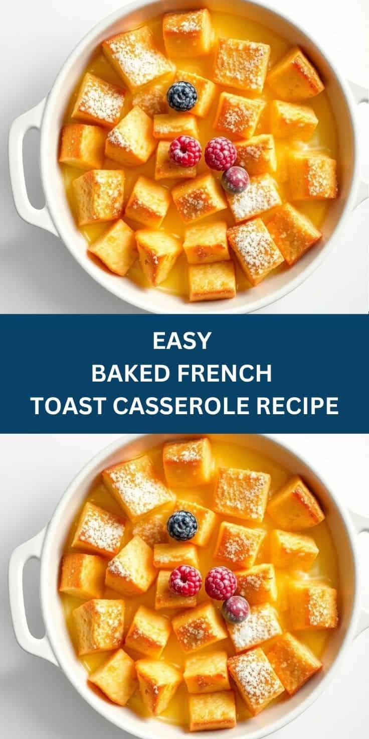 Baked French toast casserole in white dish, garnished with powdered sugar, blueberries and raspberries.
