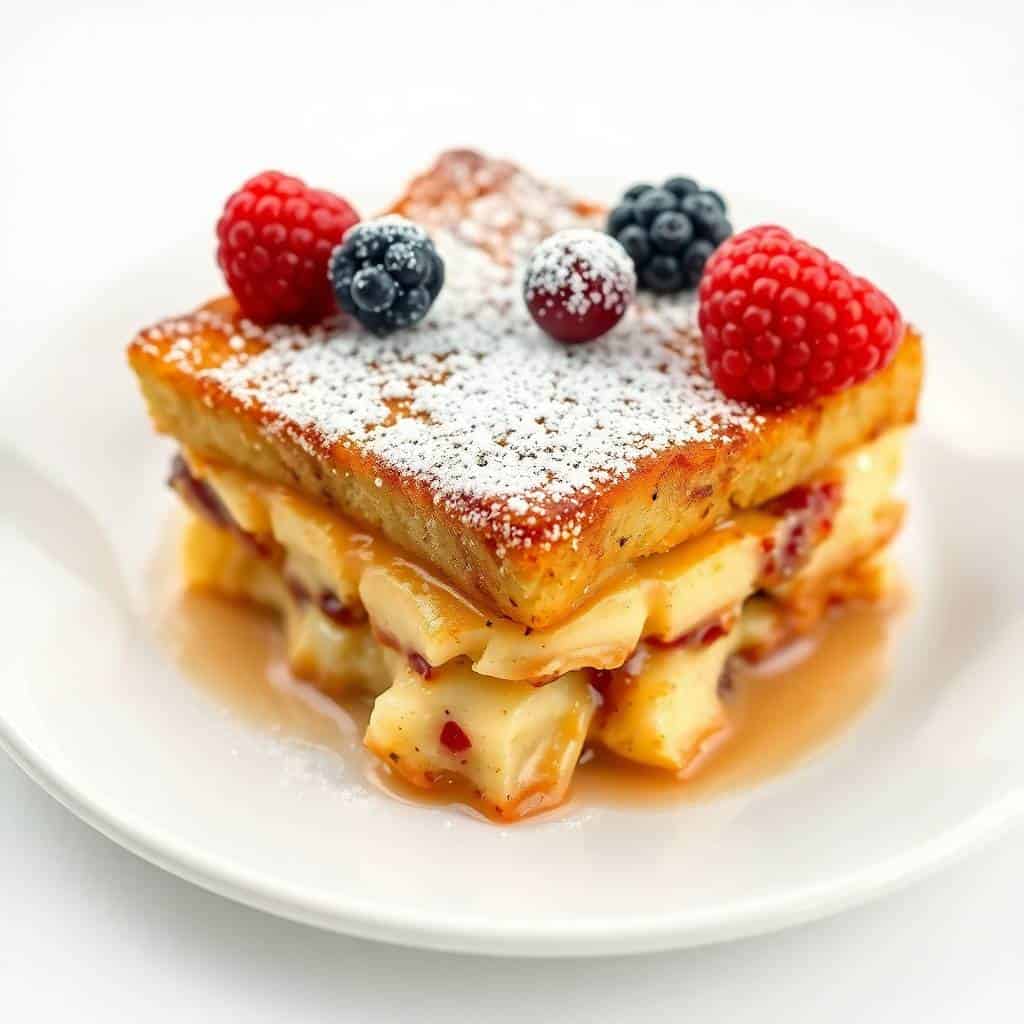 Baked French toast casserole slice topped with powdered sugar and fresh raspberries and blueberries on white plate.