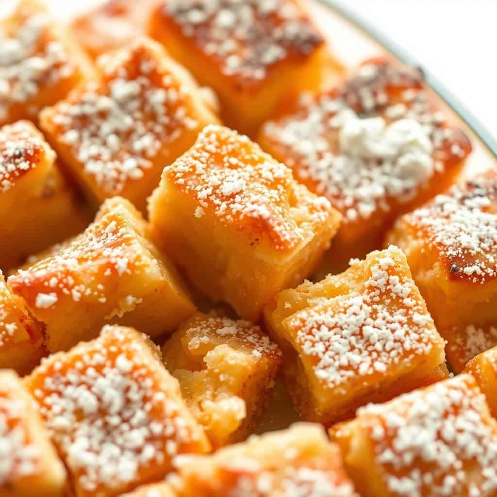 Baked French toast casserole squares dusted with powdered sugar on a glass baking dish.