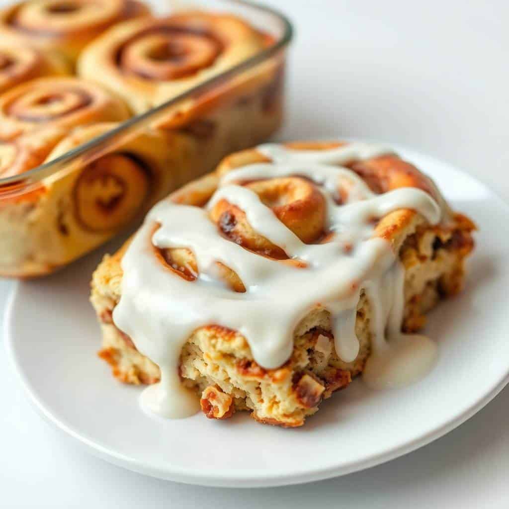 Frosted cinnamon roll casserole slice on white plate with baking dish in background.