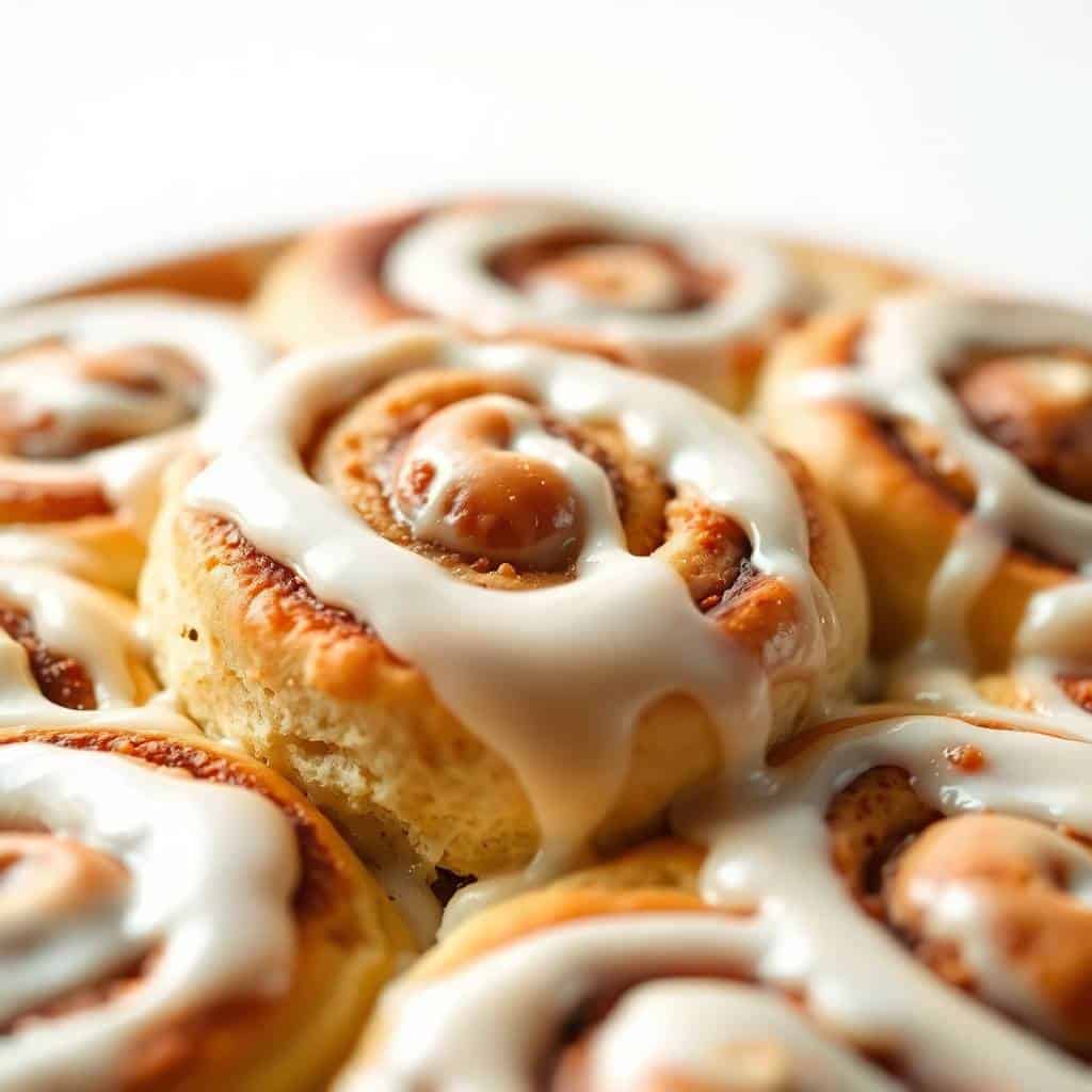 Golden-brown cinnamon rolls with white cream cheese frosting in a baking dish, fresh from the oven.