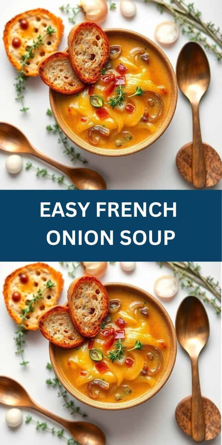 Easy French onion soup in wooden bowl with toasted bread slices and fresh herb garnish.