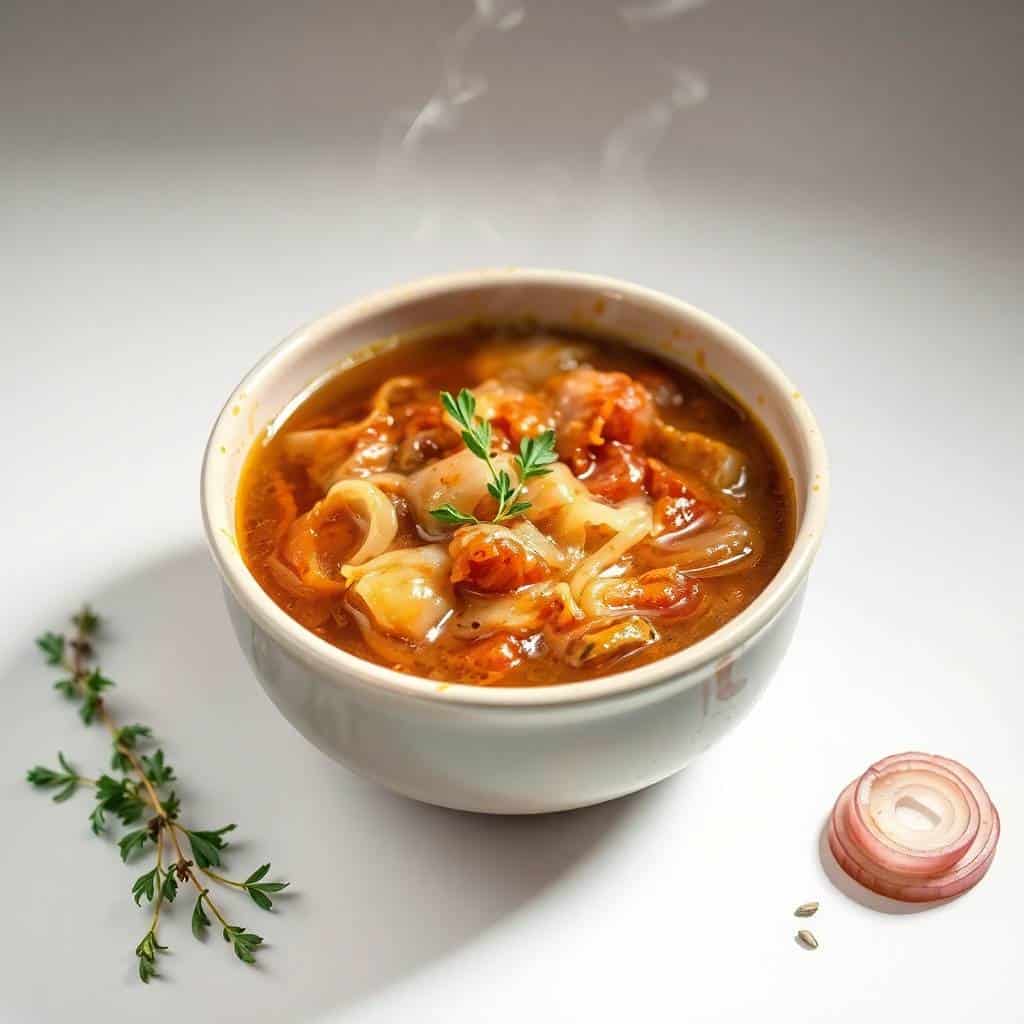 Steaming bowl of French onion soup with melted cheese, noodles, garnished with fresh thyme on white surface.