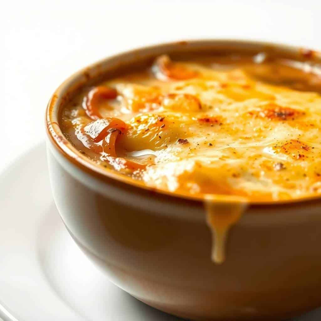 Golden-topped French onion soup with melted cheese and caramelized onions in ceramic bowl.