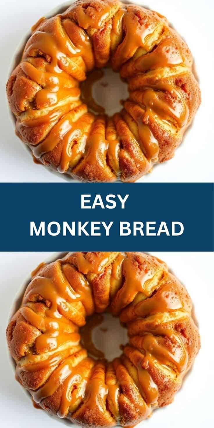 Golden-brown easy monkey bread with caramel glaze drizzle, displayed on white background.