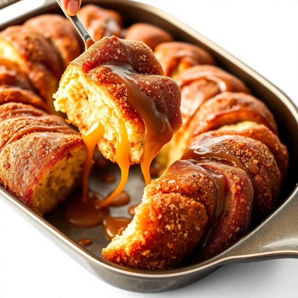 Golden-brown monkey bread pieces with cinnamon-sugar coating and caramel drizzle in a baking pan.