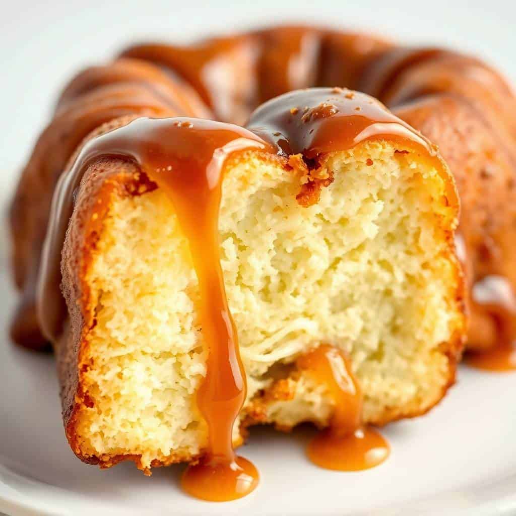 Sliced monkey bread with caramel glaze dripping over golden, fluffy interior on white plate.