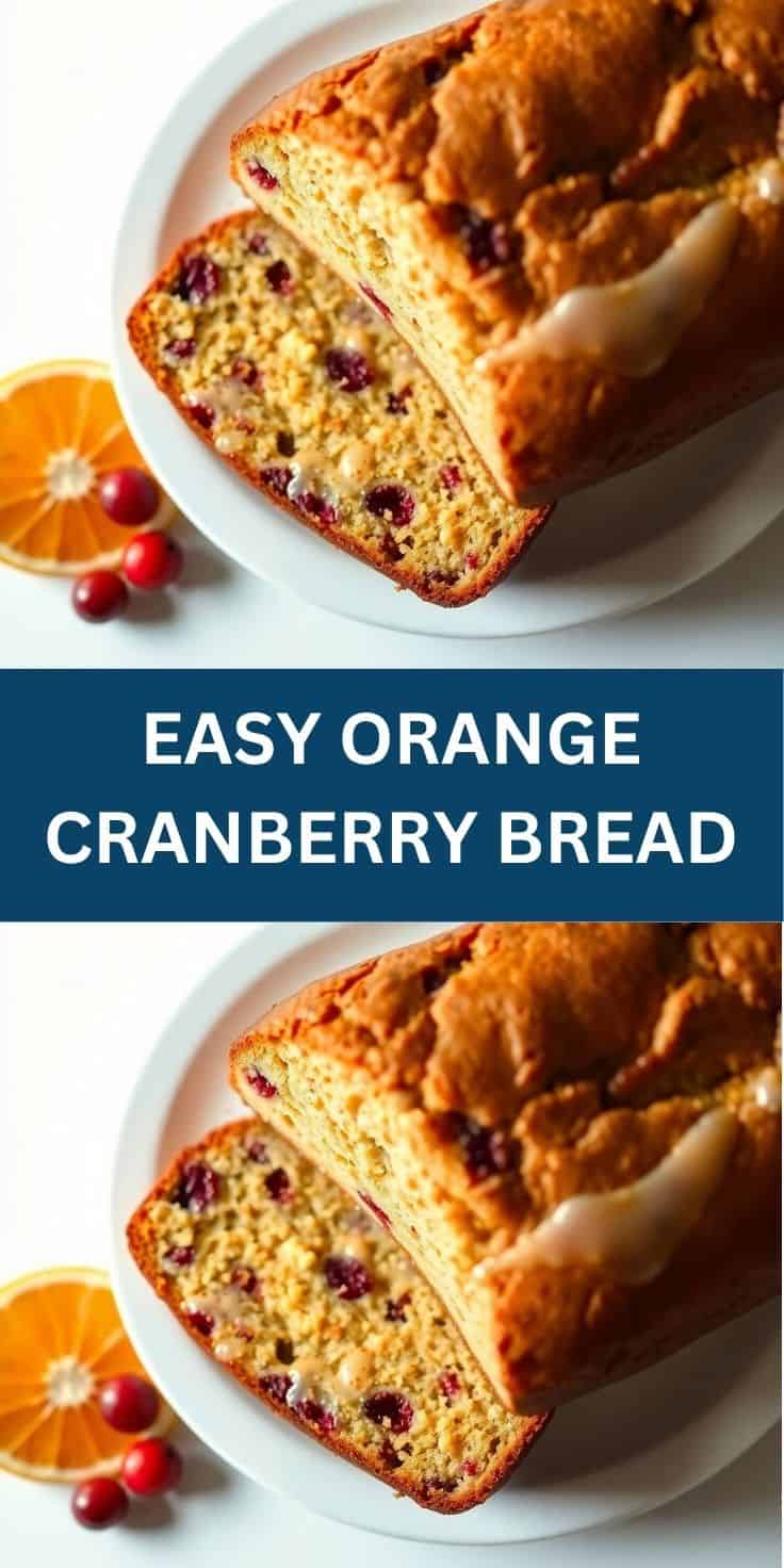 Sliced orange cranberry bread on white plate with orange slice and fresh cranberries.
