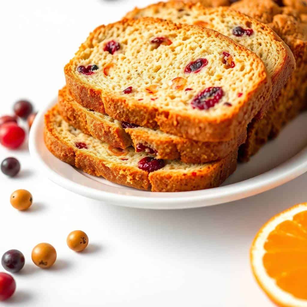Sliced orange cranberry bread on white plate with fresh berries and orange wedge garnish.
