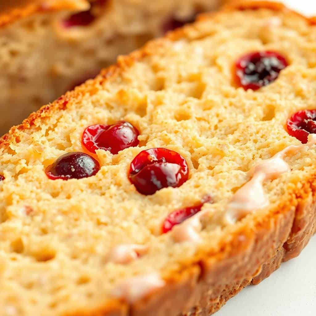 Sliced orange cranberry bread showing moist crumb with tart red cranberries throughout.
