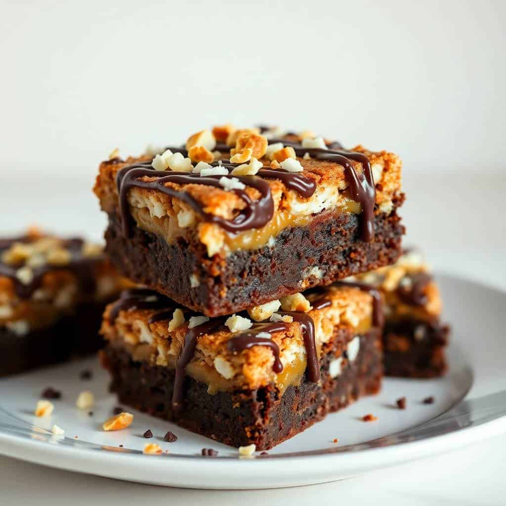 Samoa brownies stacked on white plate with chocolate drizzle and toasted coconut garnish.