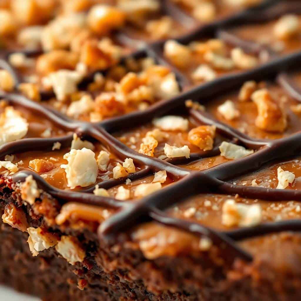 Samoa brownies with chocolate drizzle and toasted coconut flakes on dark surface.